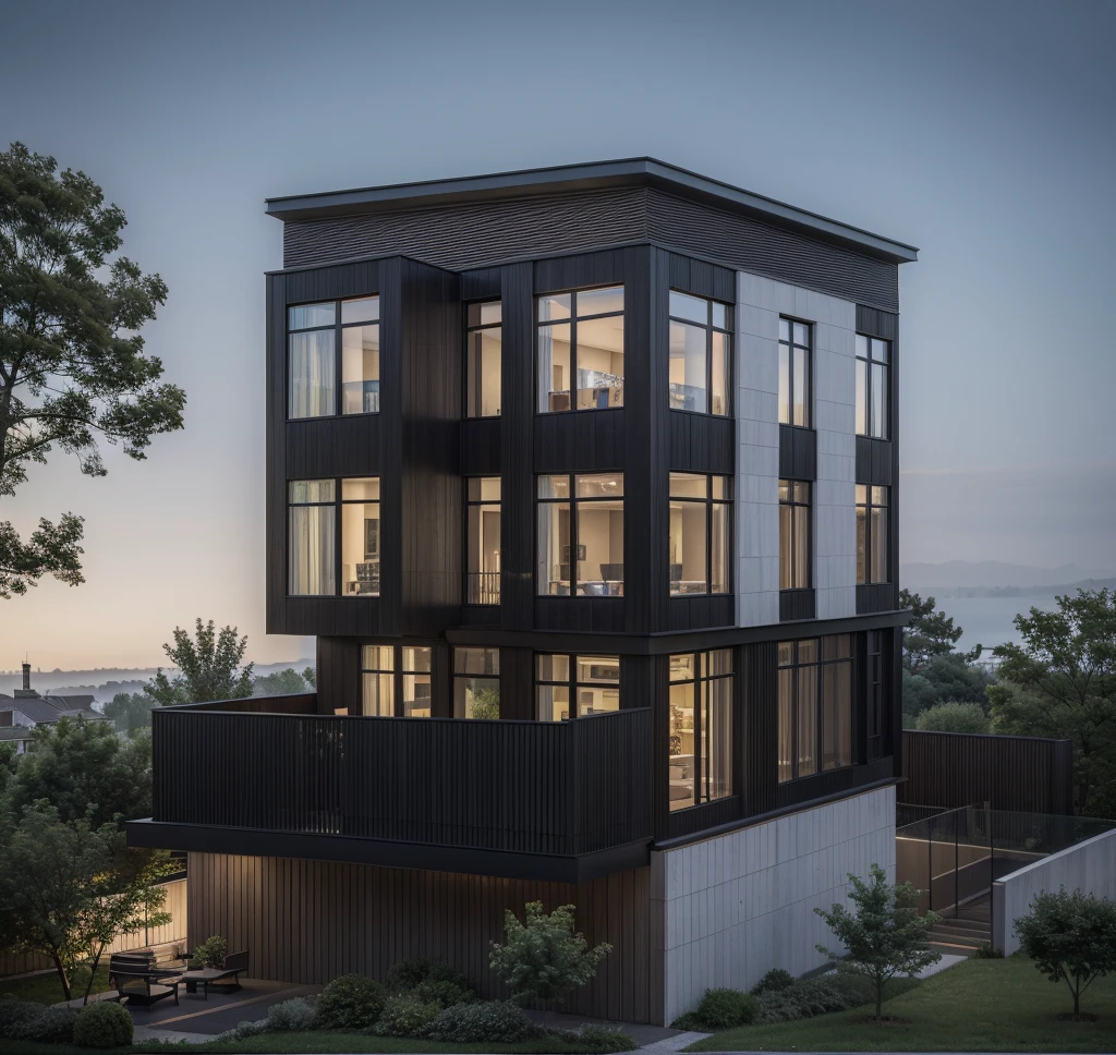 RAW photo, Exterior of two story black modern house, (road:1.3), (sidewalk:1.3), (sidewalk trees:1.3), (residences area:1.4), dawn time, overcast, tropical trees and plants, (high detailed:1.2), 8k uhd, dslr, soft lighting, high quality, (sharpen:1.5)