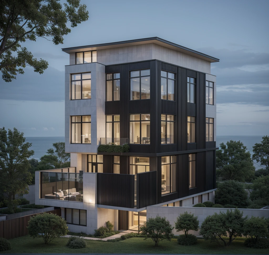 RAW photo, Exterior of two story black modern house, (road:1.3), (sidewalk:1.3), (sidewalk trees:1.3), (residences area:1.4), dawn time, overcast, tropical trees and plants, (high detailed:1.2), 8k uhd, dslr, soft lighting, high quality, (sharpen:1.5)