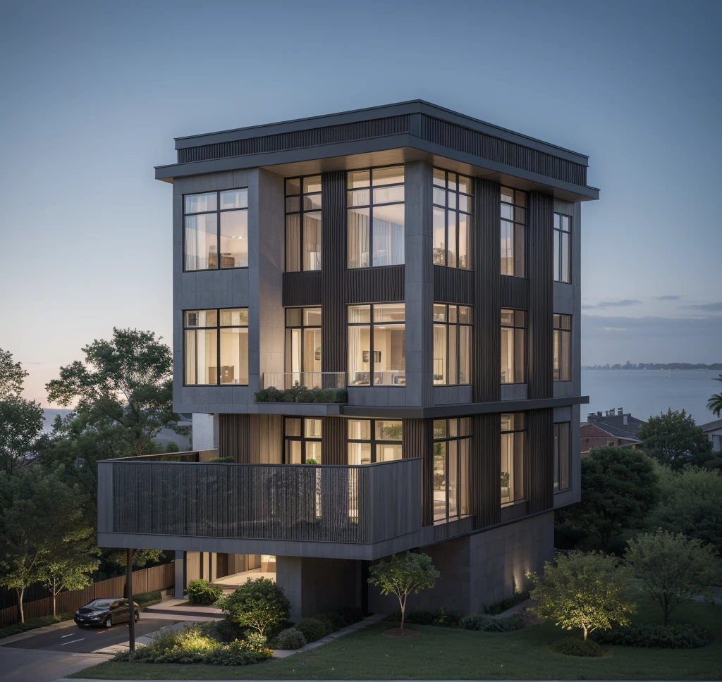 RAW photo, Exterior of two story black modern house, (road:1.3), (sidewalk:1.3), (sidewalk trees:1.3), (residences area:1.4), dawn time, overcast, tropical trees and plants, (high detailed:1.2), 8k uhd, dslr, soft lighting, high quality, (sharpen:1.5)