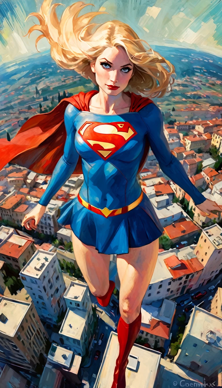 view from above supergirl character, flying over a nice Italian city (art inspired in Bill Sienkiewicz). oil painting)
