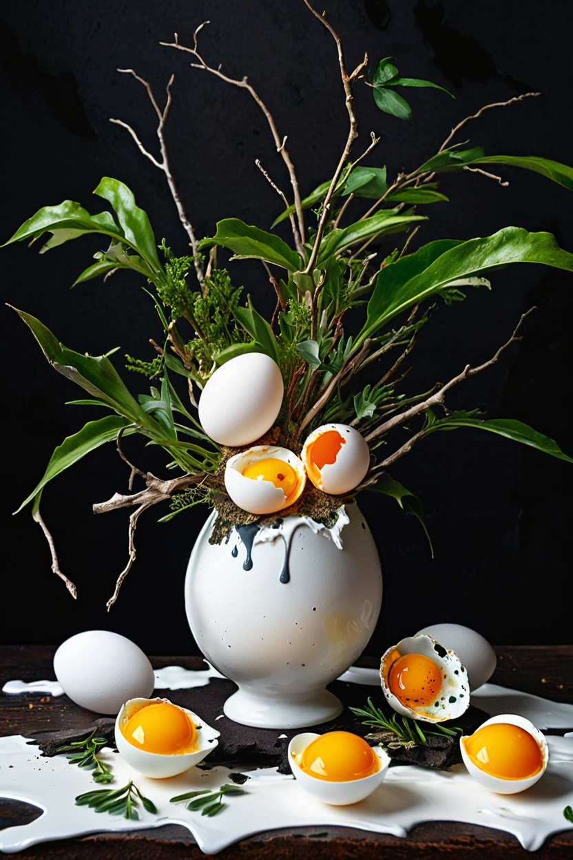 Surreal Still Life Paintings Blending Food and Nature. Fried eggs on branches in white vase, Runny egg yolk dripping, Dark texture background, Quail egg shells scattered on the bottom, Plant leaves, Concept 3D Realism, Inspired by the art of Giuseppe Arcimboldo, masterpiece