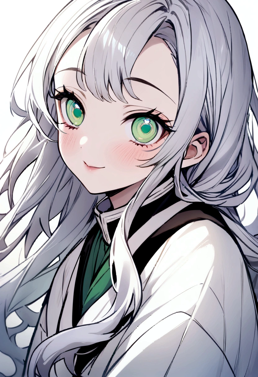 Masterpiece, Best Quality,1 girl、Kimetsu no Yaiba style、uniform hashira、 bright platinum hair 、long hair、bright platinum hair、smiles、 cold、 pastel green eyes、 light eyes、cold、close-up、Kimetsu no Yaiba