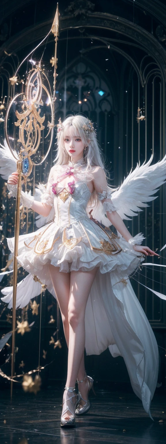 portrait, Long hair, White hair, Golden Eyes, 1 Girl, head, Face, Magical girl, absurdes, masterpiece, best quality, Magical girl costume, ((Mahou Shoujo)), short hair, desolate, ruins, Dynamic poses, Revelation, Spellcasting, Style - Glass, full-body shot
