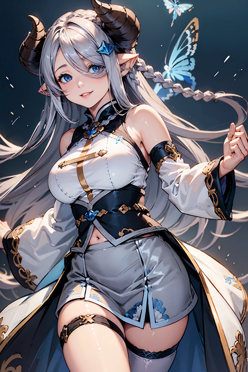 (((1 female))), ((Detailed blue eyes)), ((Silver long hair)), Large Breasts, perfectly drawn body, Narmaya, Charming smile, mini skirt, best quality, masterpiece, Extremely detailed