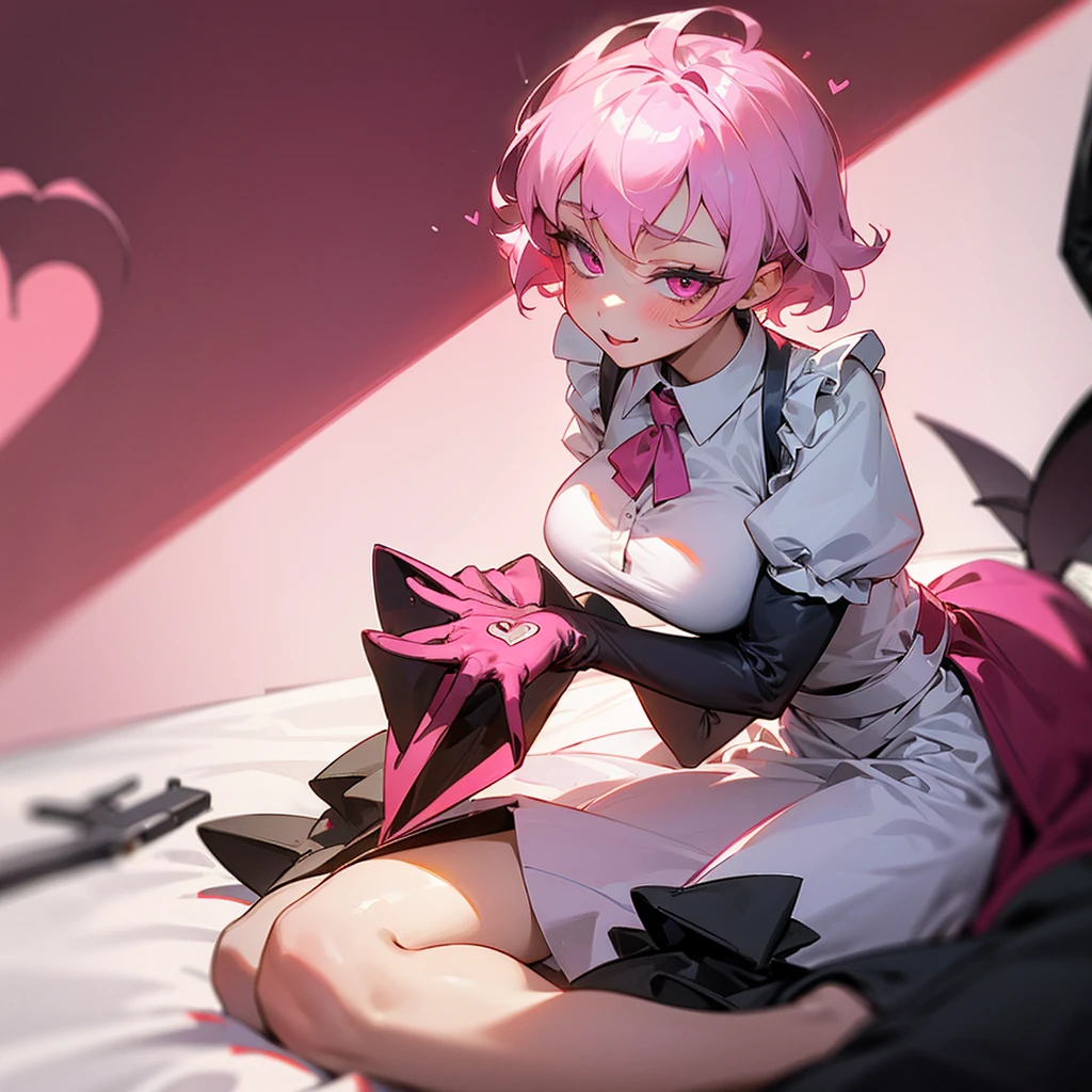 ((masterpiece)), ((best quality)), ((highly detailed)), (original), ((delicate background)), ((extremely detailed 8K wallpaper)), sweet, depth of field, 
BREAK 
((maid clothes)), ((scanty clothing)), lots of frills, big breasts, 
BREAK 
curly hair, faint pink hair, short hair, 
BREAK 
((heart-shaped eyes)), pink eyes, tongue out, blush, 
BREAK 
1girl, solo, cute girl, 15 years old, shiny skin, 
BREAK 
full body shot, on the bed, ((wariza)), looking at the viewer, 