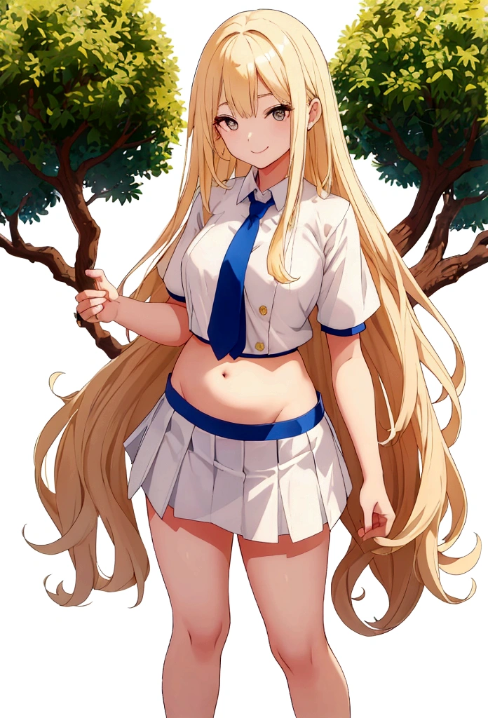 Blonde、long hair、upright stance、full body、Fighter、Belly out、American、Short skirt、shirt、tie、front、Short sleeve、woman、Tree Eyes、White background、Simple Background、smile、tall、flipped hair、Belly out、parted bang
