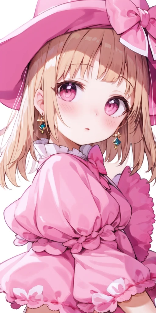 (best quality, masterpiece), (eye focus, face, close-up:0.5), blush, (expressionless:0.7), 1girl, solo focus, bangs, white background, dutch angle, side, head tilt, jewelry,hat,bow
, (fantasy, pink theme:1.3), (:1.3), 
, , from side