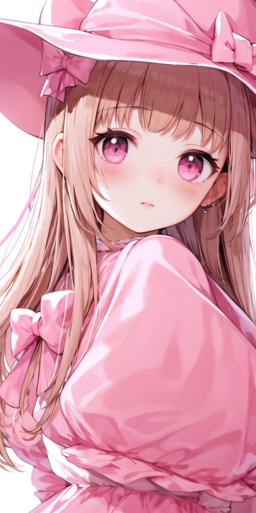 (best quality, masterpiece), (eye focus, face, close-up:0.5), blush, (expressionless:0.7), 1girl, solo focus, bangs, white background, dutch angle, side, head tilt, jewelry,hat,bow
, (fantasy, pink theme:1.3), (:1.3),
, , from side