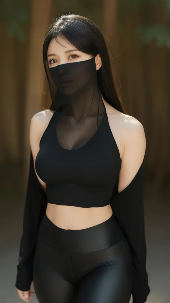 （lifelike， high - resolution：1.3），full body , 1 girl with a perfect body， Super fine face and eyes，slong hair， midriff of black colors：1.2， black shiny leggings，face veil,   big boob，Expose cleavage, ninja pose.