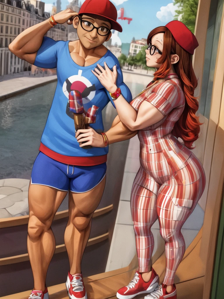 (masterpiece, best quality:1.2), A couple , boy Nino Lahiffe: Brown skin, dark hair, usually seen wearing a red cap, glasses, and casual clothing like a T-shirt and jeans, and a girl Alya Césaire: Brown skin, curly dark brown hair, often wears glasses, and typically seen in stylish, casual outfits. A casual day out with both characters in their everyday attire,Sharing a tender moment, like sitting on a rooftop overlooking Paris..(girl and boy:1), smiling, ((high resolution illustration)), ((extremely detailed)), (couple), Alya, Nino, Nino X Alya, (best quality,4k,8k,highres,masterpiece:1.2), ultra-detailed, realistic:1.37, HDR, studio lighting, extreme detail description, nino wearing a red cap, professional, vibrant colors, bokeh, ((muscular female bodybuilder)), detailed lips, strong embrace, romantic scene, intimate moment, intense passion, athletic bodies, fitness couple, gym background, muscular definition, sculpted muscles, sweat glistening,muscular