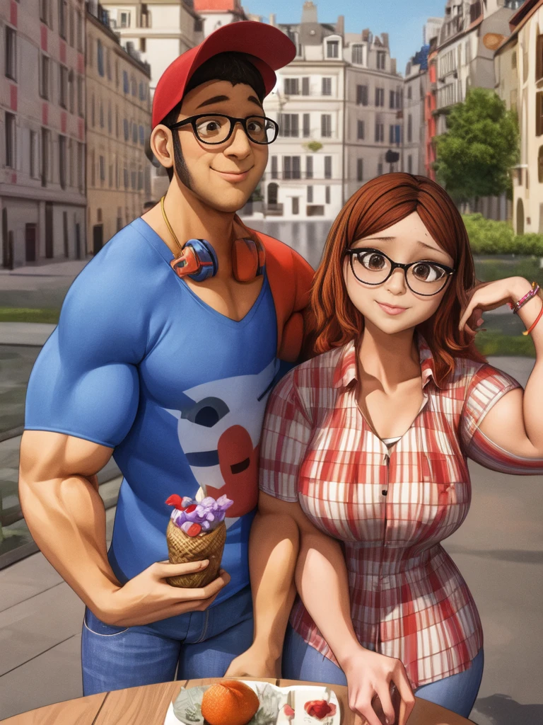 (masterpiece, best quality:1.2), A couple , boy Nino Lahiffe: Brown skin, dark hair, usually seen wearing a red cap, glasses, and casual clothing like a T-shirt and jeans, and a girl Alya Césaire: Brown skin, curly dark brown hair, often wears glasses, and typically seen in stylish, casual outfits. A casual day out with both characters in their everyday attire,Sharing a tender moment, like sitting on a rooftop overlooking Paris..(girl and boy:1), smiling, ((high resolution illustration)), ((extremely detailed)), (couple), Alya, Nino, Nino X Alya, (best quality,4k,8k,highres,masterpiece:1.2), ultra-detailed, realistic:1.37, HDR, studio lighting, extreme detail description, nino wearing a red cap, professional, vibrant colors, bokeh, ((muscular female bodybuilder)), detailed lips, strong embrace, romantic scene, intimate moment, intense passion, athletic bodies, fitness couple, gym background, muscular definition, sculpted muscles, sweat glistening,muscular