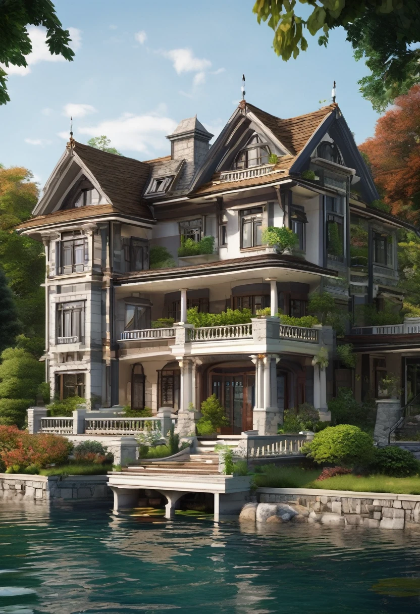 a detailed realistic beautiful lakeside mansion