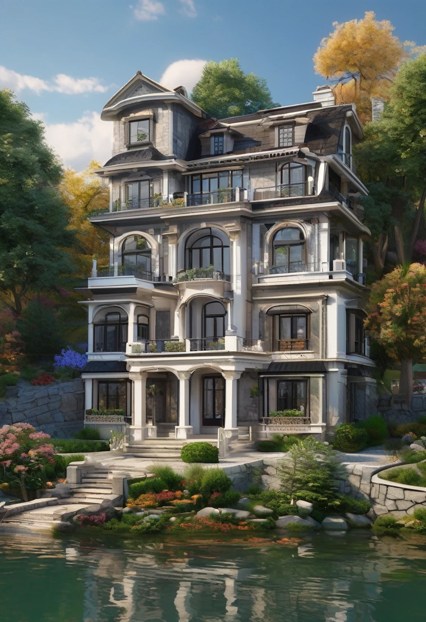 a detailed realistic beautiful lakeside mansion