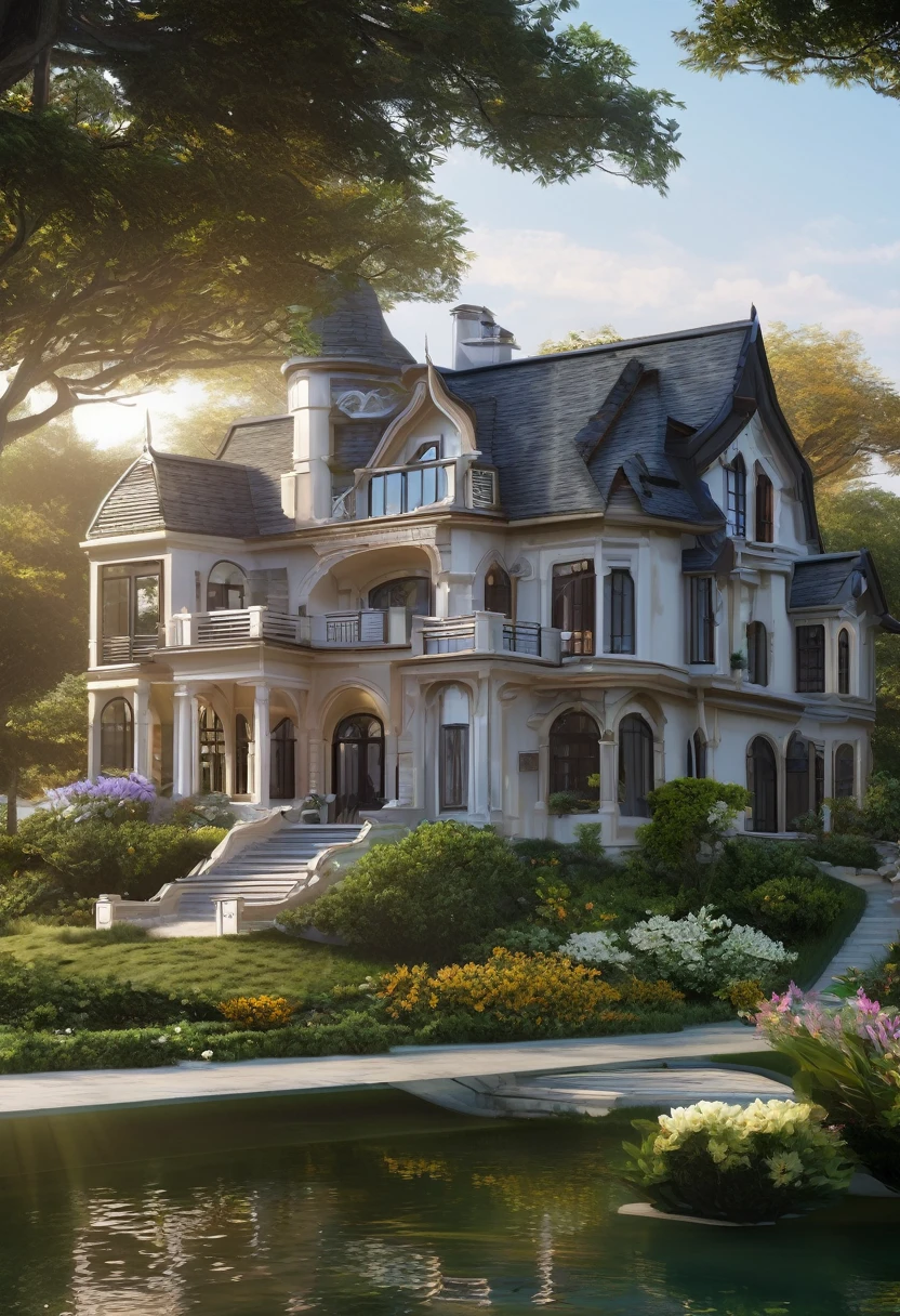 a detailed realistic beautiful lakeside mansion