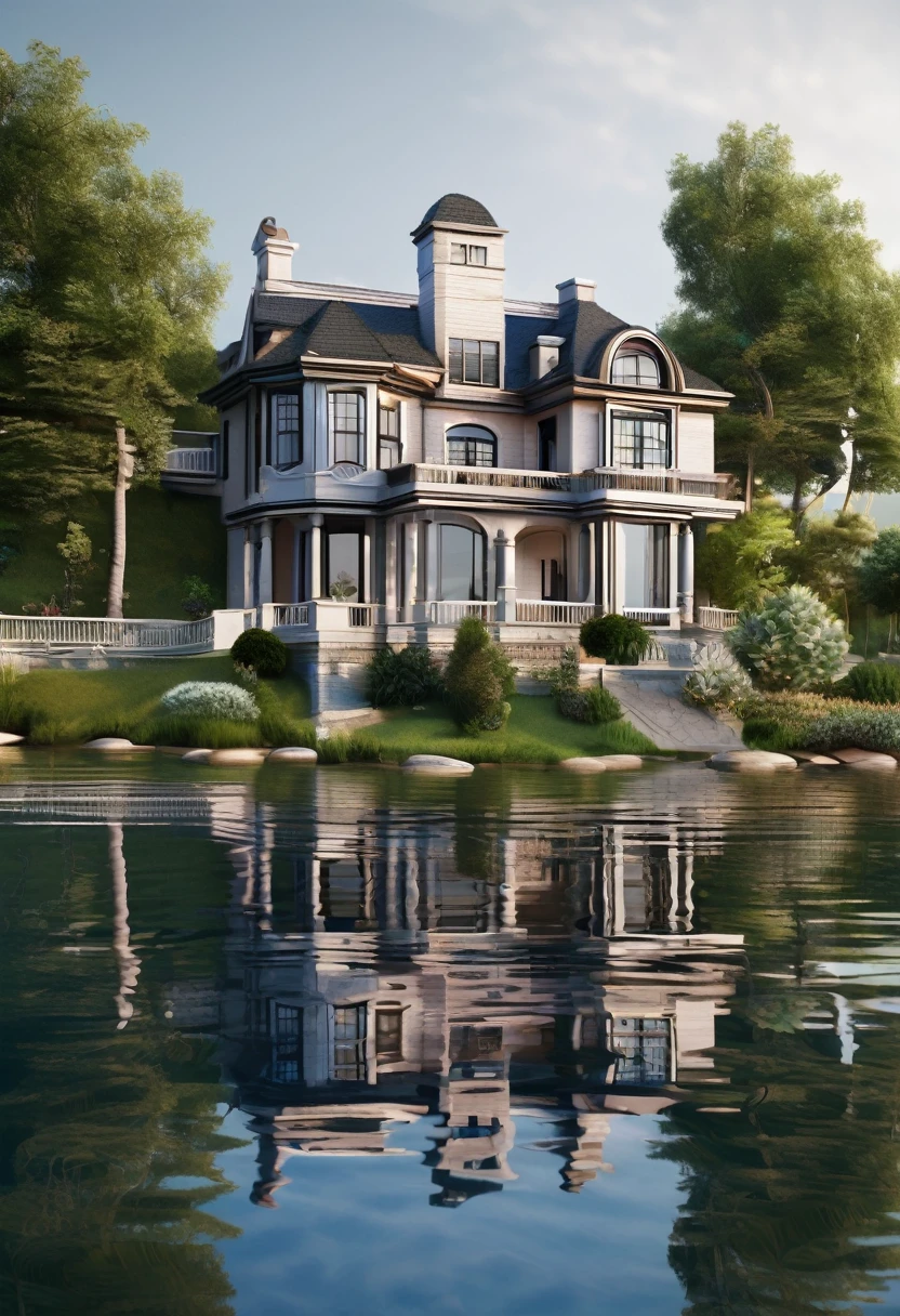 a detailed realistic beautiful lakeside mansion