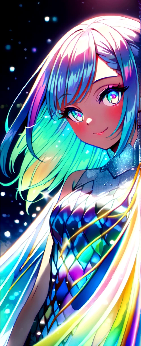 ((masterpiece,high resolution,8K image quality,premium)),1 Female Fairy,((Extra detailed face)),little fairy,delicate eyes,((iridescent eyes)),((hairstyle in:Haircut,Hair that shines when it catches the light)),Lens flare,Dramatic makeup,smiling elegantly,natural complexion,diffuse light reflection.((colorful:1.5)),Snowflake,iridescent wings,flying in the sky,snow at night,snowy sky,lights,whole body,