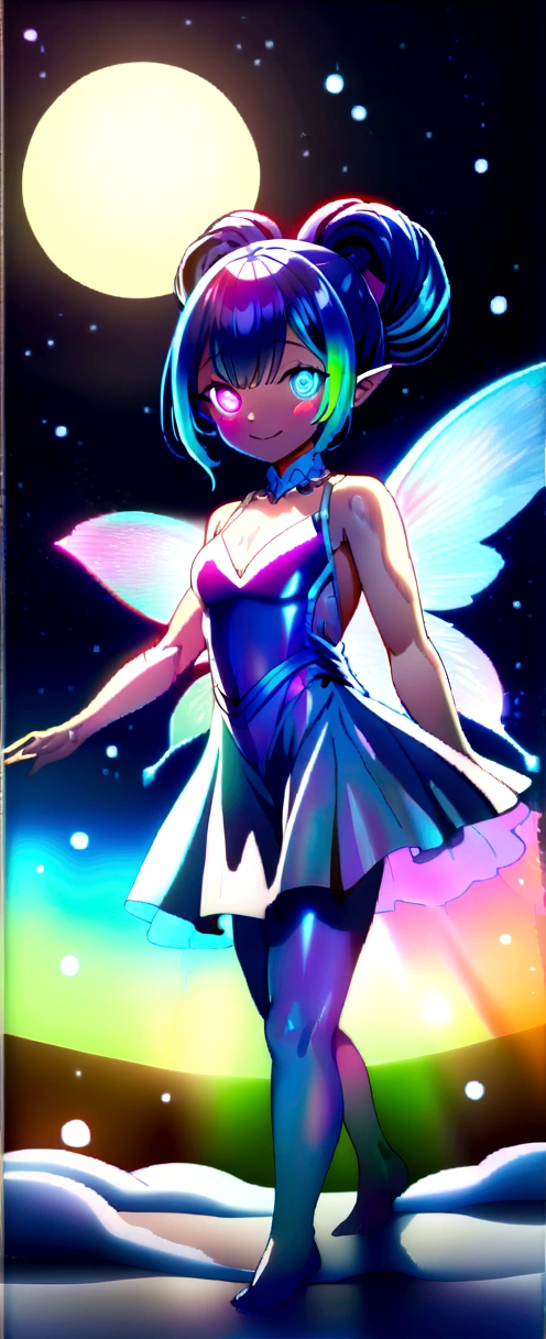 ((masterpiece,high resolution,8K image quality,premium)),1 Female Fairy,((Extra detailed face)),little fairy,delicate eyes,((iridescent eyes)),((hairstyle in:Haircut,Hair that shines when it catches the light)),Lens flare,Dramatic makeup,smiling elegantly,natural complexion,diffuse light reflection.((colorful:1.5)),Snowflake,iridescent wings,flying in the sky,snow at night,snowy sky,lights,whole body,
