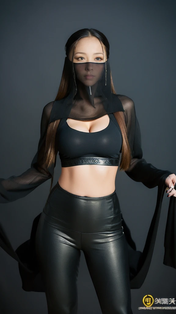 (lifelike, high - resolution:1.3),full body , 1 girl with a perfect body, Super fine face and eyes,slong hair, diamond midriff of black colors:1.2, black shiny leggings,face veil, big boob,Expose cleavage, ninja pose, satin gloves.