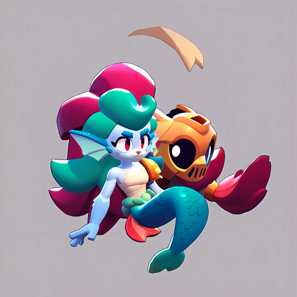 full body view of a furry mermaid, furry animal, female, long hair, red and white color, having steel shoulder pads, brawl, brawl stars