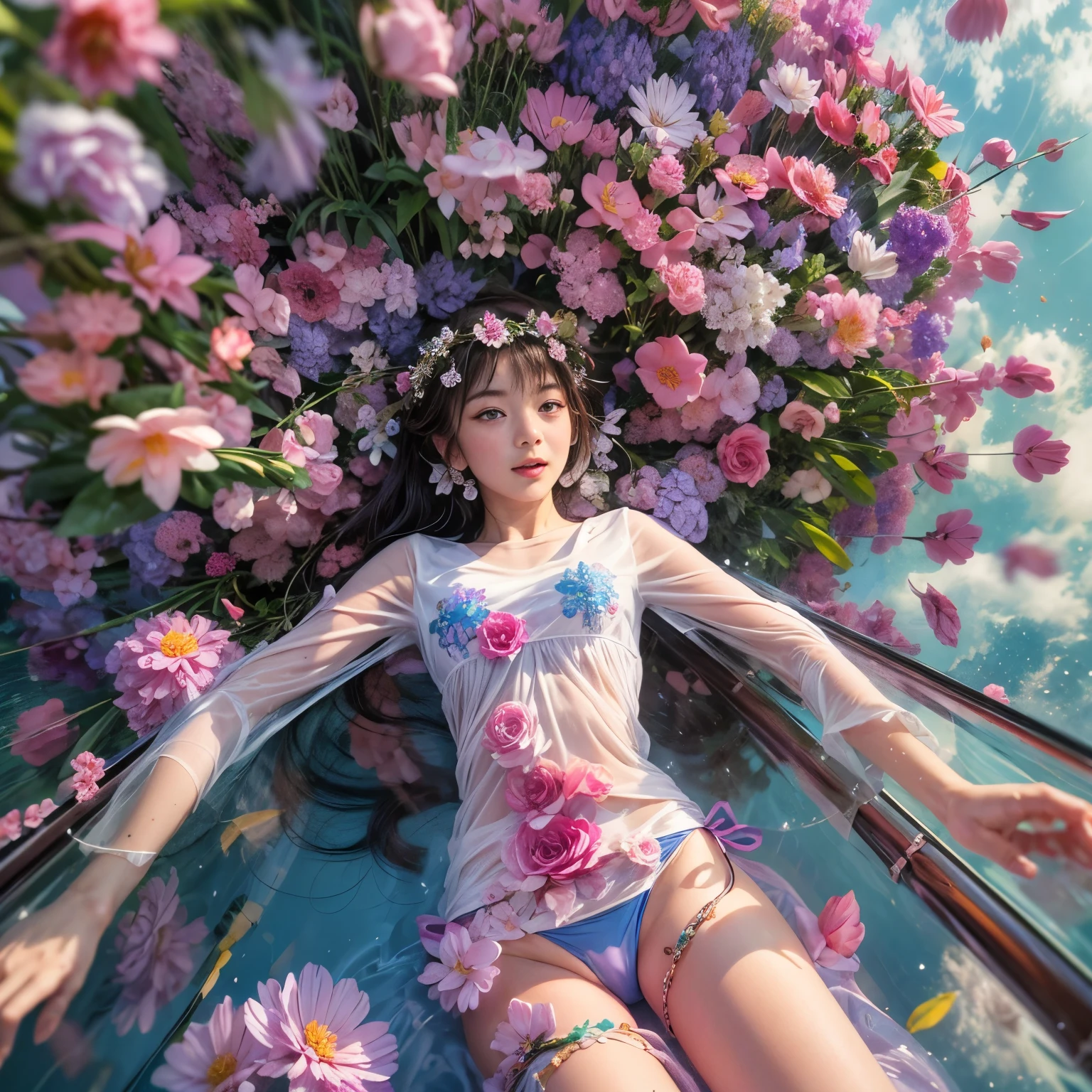 Crimson,ExtremelyDetailed(ProfessionalPhoto of Girl Floating in the Sky:1.37), 280th floor infinity pool，The tallest building in the urban forest, {Around bonsai|Luo Han Song|coconut palms|tulips|Rose flower}, (Masterpiece 8K TopQuality:1.2),  (ExtremelyDetailed NOGIZAKA face and Eyes:1.37)ElaboratePupils with (SparklingHighlights:1.28) DoubleEyelids with Voluminous LongEyelashes RosyCheeks (Joyful Expressions LifeLike Rendering)  BREAK   Detailed impeccable Radiant PearlSkin with Transparency, Skinny(SchoolSwimwear:1.28) beautiful graceful {(HiddenHand)|((Corrected BabyLikeHand))} (Whole Body Proportions and all limbs are Anatomically Accurate), (FlowerWreath WrappedBody Flowers Covering girl's body Full of Flowers){Dazzling RainbowColorHorizon|ColorfulSky|ColorfulClouds|Starly Stars}(extra limbs:-1.4)