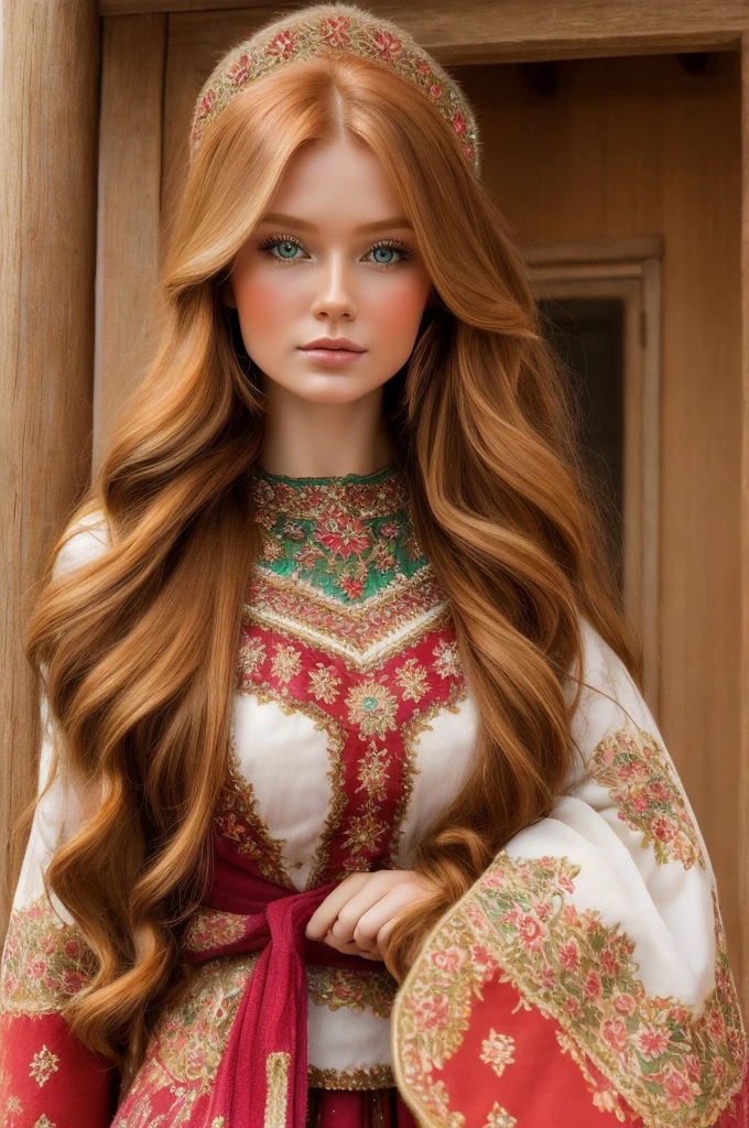 A gorgeous, pretty, shiny, kind-hearted, warm-hearted, sweet, polite, sensitive, friendly, charming, graceful, stylish, classy, alluring, majestic, ethereal, angelical ginger long haired russian woman dressed in traditional colourful folk costumes. A is with her.
