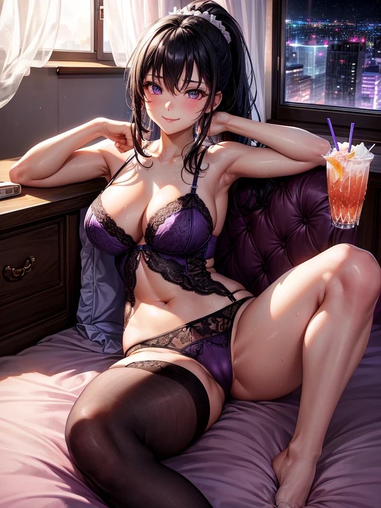 Highest quality,Highest Resolution,Beautiful smiling girl in light purple underwear in bedroom at night,Black hair ponytail,Very beautiful eyes,(((Drink a drink))),Knee-high stockings,Sweat profusely,Super High Leg,Sexy Lingerie,Ｔback,Outside the window is a night view,