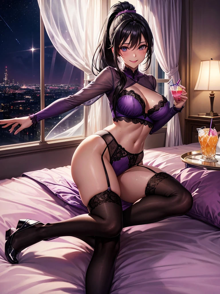 Highest quality,Highest Resolution,Beautiful smiling girl in light purple underwear in bedroom at night,Black hair ponytail,Very beautiful eyes,(((Drink a drink))),Knee-high stockings,Sweat profusely,Super High Leg,Sexy Lingerie,Ｔback,Outside the window is a night view,