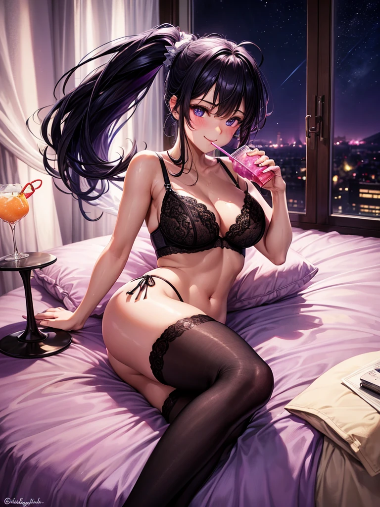 Highest quality,Highest Resolution,Beautiful smiling girl in light purple underwear in bedroom at night,Black hair ponytail,Very beautiful eyes,(((Drink a drink))),Knee-high stockings,Sweat profusely,Super High Leg,Sexy Lingerie,Ｔback,Outside the window is a night view,