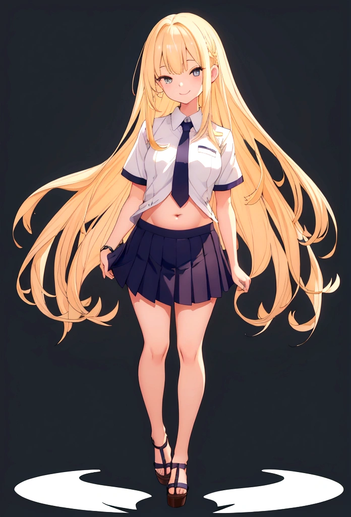 Blonde、long hair、upright stance、full body、Fighter、Belly out、American、Short skirt、shirt、tie、front、Short sleeve、woman、Tree Eyes、White background、Simple Background、smile、tall、flipped hair、Belly out、parted bang、messy hair