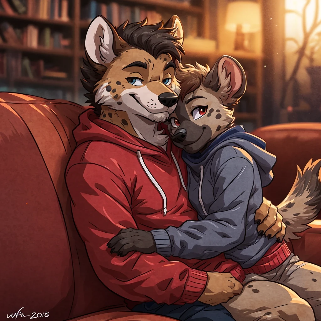 couple ((female)) hyena, 4k, high resolution, best quality, posted on e621, anthro body, female, adult, correct anatomy, (blurry background, out-of-focus background:1.2), (by wfa:1), (cel shaded, cartoony shading:1.2), black lineart, black outline, flat coloring, (strong shadows, dark shadows:1.2), Couple snuggling, Warm and welcoming atmosphere, Young people on the couch, Looks of complicity, Red sweatshirt, gray sweater, Soft lighting, Relaxed and comfortable, Closeness and tenderness.
