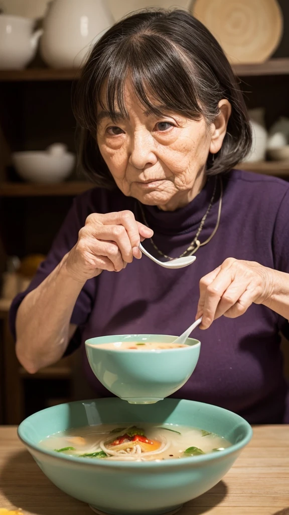 Ghibli style Eyeball soup Grandma is stirring with her hands