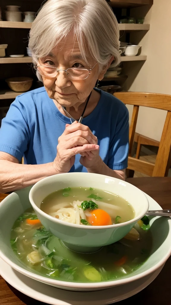 Ghibli style Eyeball soup Grandma is stirring with her hands