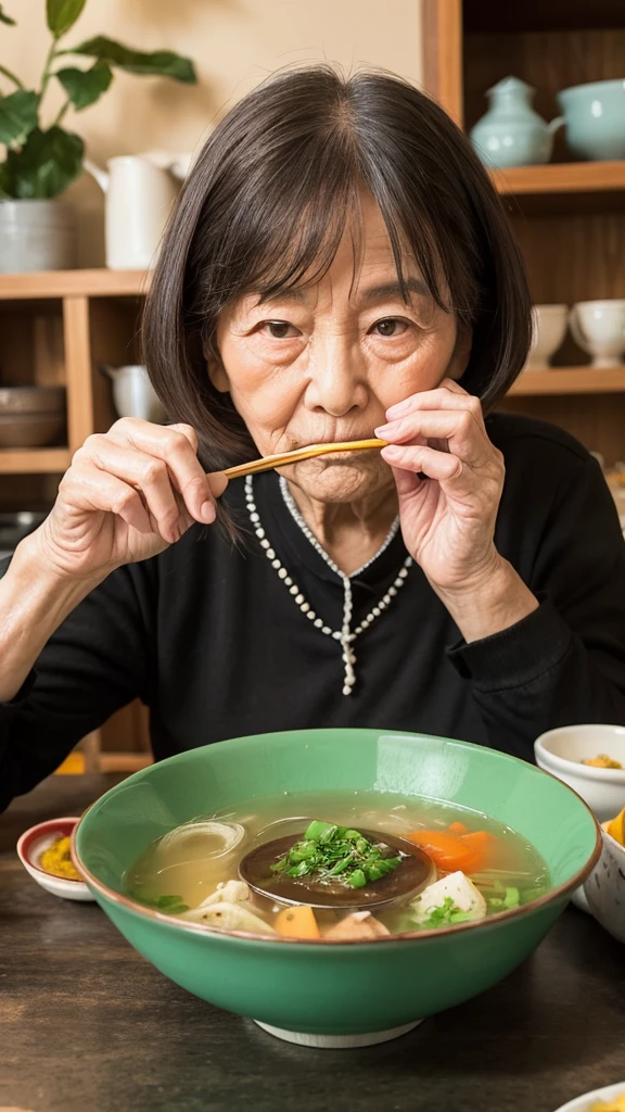 Ghibli style　Eyeball soup　Grandma is stirring with her hands