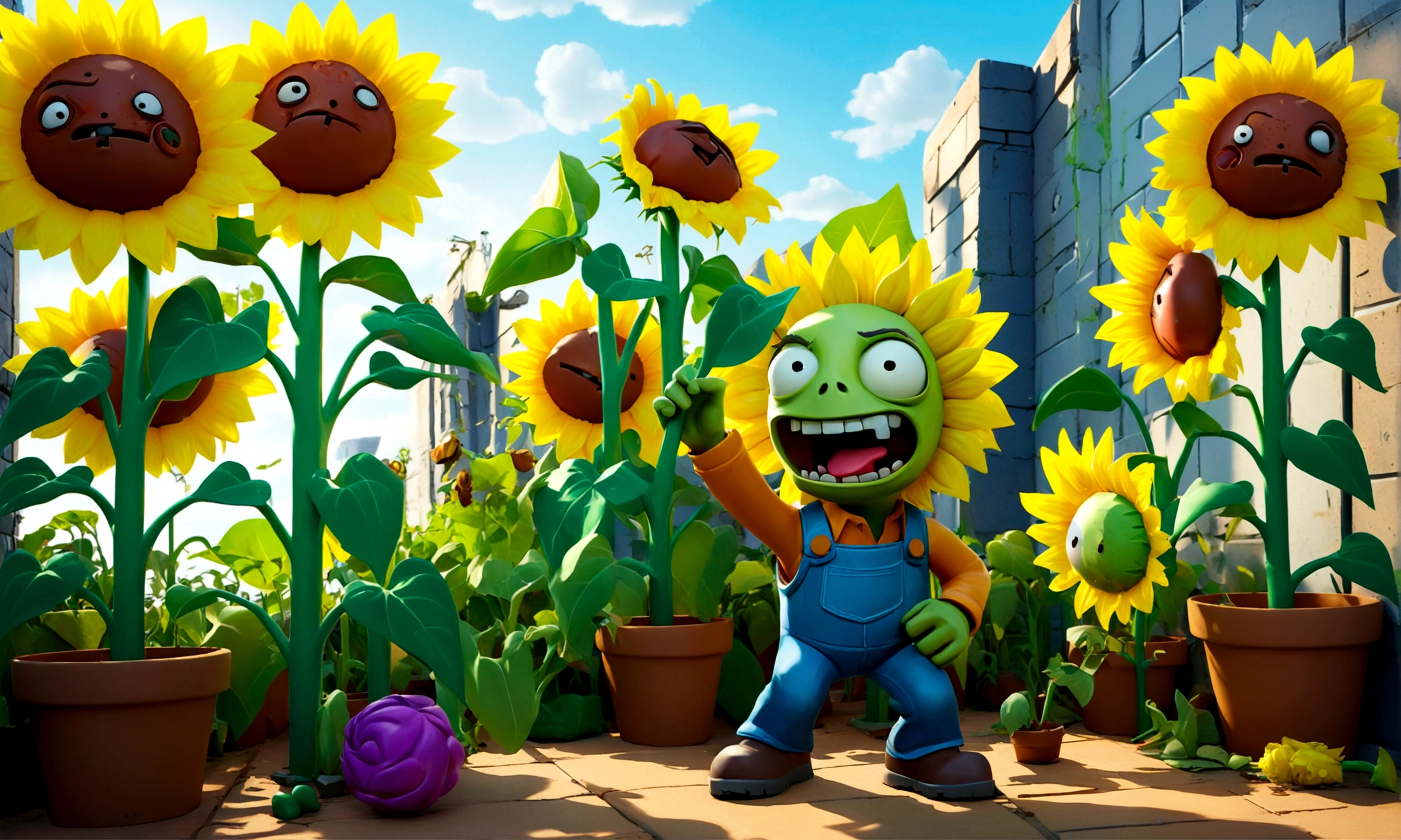 Plants vs Zombies style, Peashooter, Sunflower, Wall-nut, Zombie,hand-painted, vivid colors, cartoony, detailed characters, lush garden, dynamic poses, highres, detailed environment, action-packed, cute, comical, sunlit, studio lighting, playful, colorful palette, imaginative composition, whimsical, captivating scenes