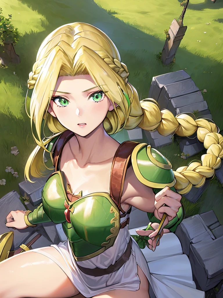 masterpiece,best quality, 1girl, 18yo, beautiful girl,BREAK,(Armor:1.8),(Beautiful blonde,braid,Green Eyes:1.5),(She falls from the sky:1.4),