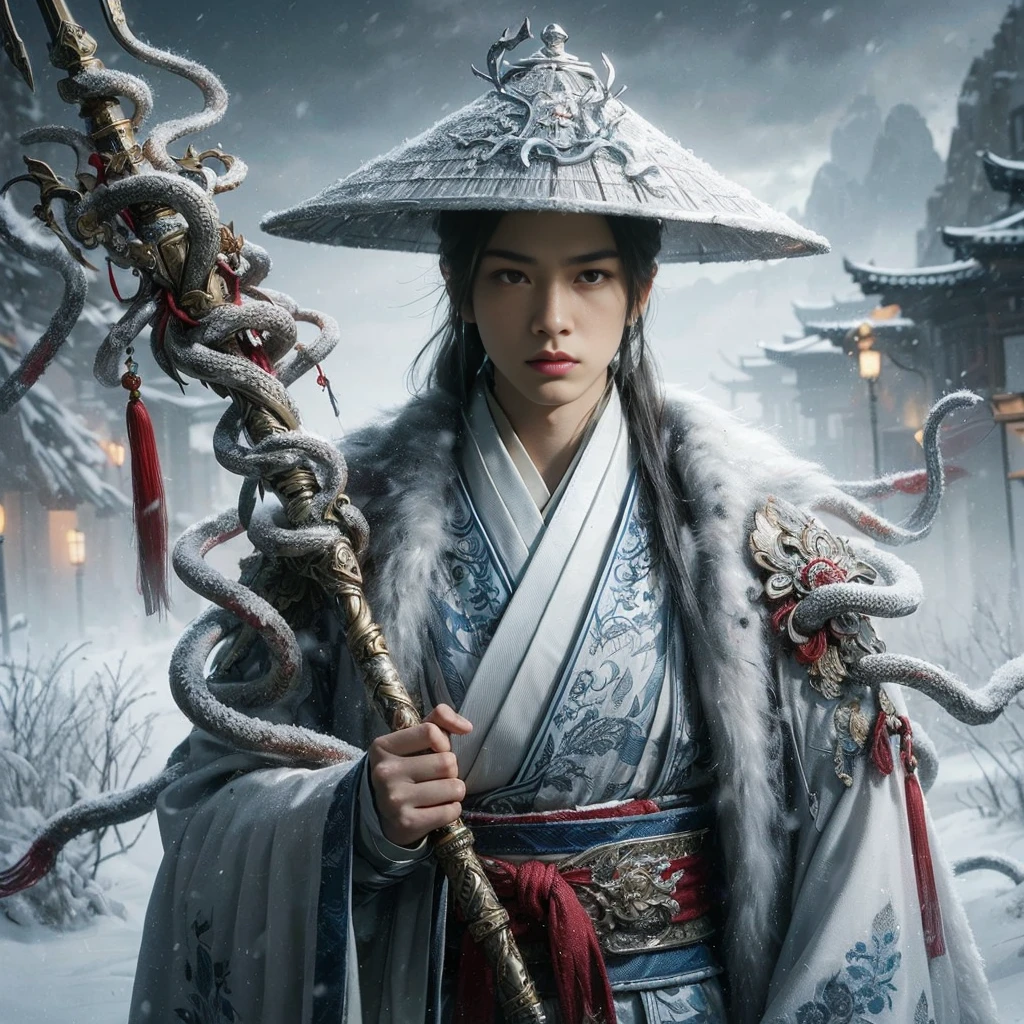 (Masterpiece:1.2), (Best Quality:1.2), (high resolution:1.2), (beautiful face and eye:1.2), (sharpest focus:1.2), (Ultra-realistic Photo:1.2), (Ultra-precise Photo:1.2), (Depth of field:1.2), (perfect anatomy:1.2), (nice hands:1.2),
(perfect hands:1.2), (five fingers:1.2), (Young, fearless, beautiful, shady Chinese man:1.0), (Lonely Chinese warrior with spear:1.0), (Neatly trimmed short beard and tied hair:1.0), (Blazing Chinese period drama style fortress:1.0),
(long spear with serpentine blade and ornate decoration:1.0), (white tsubakuhiro cap and cloak:1.0), (white armor with red, blue, and yellow coloring:1.0), (snowstorm:1.0), (melancholy expression:1.0), (picturesque standing figure:1.0),