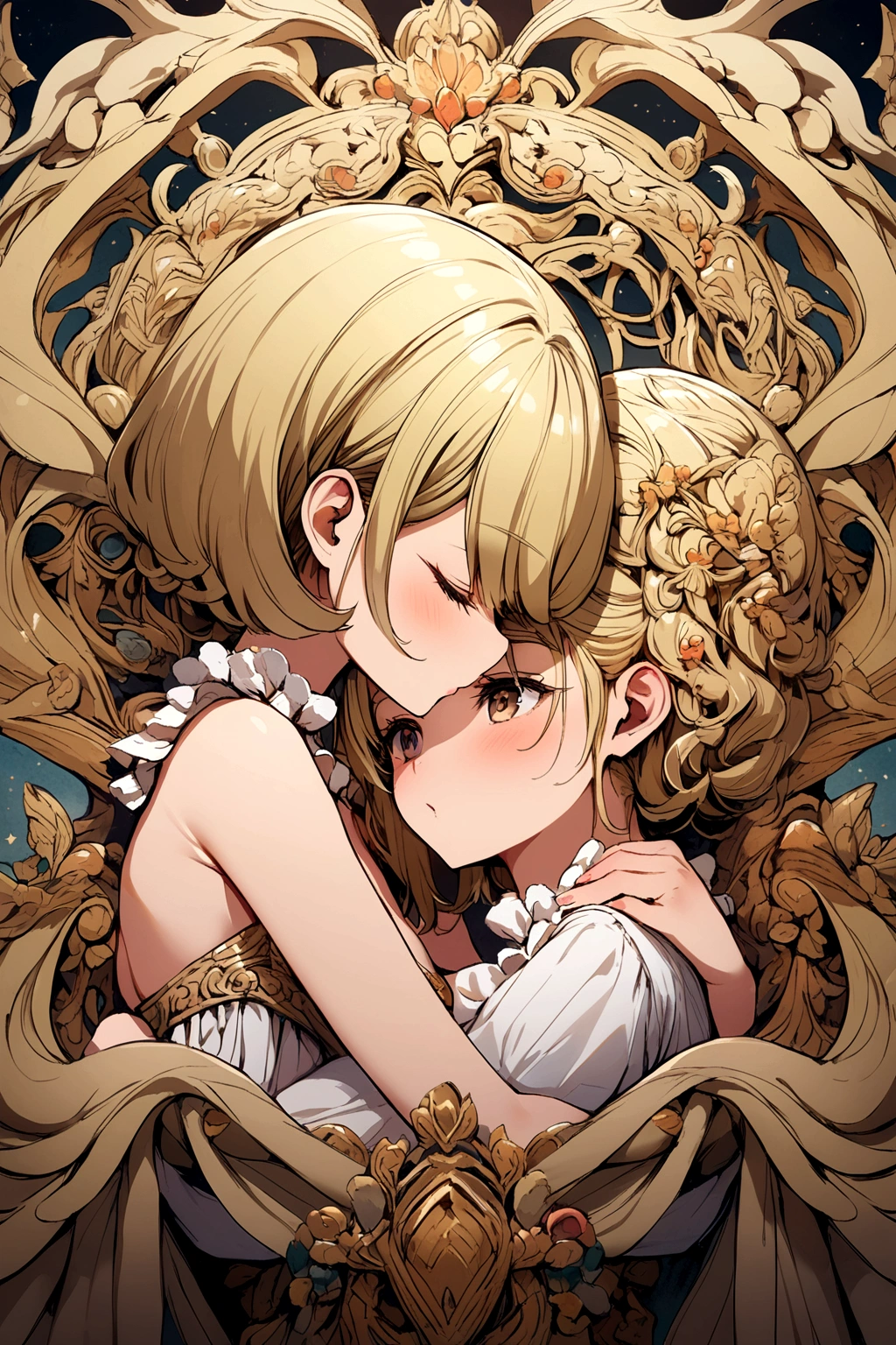 putting face on the chest of a blond boy, face in pecs, putting face on the chest, hug,