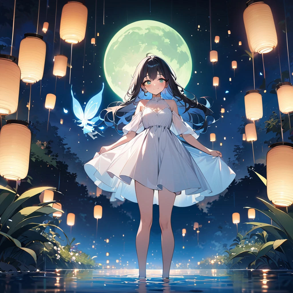 (masterpiece:1.5), best quality, very aesthetic, absurdres, anime style, 1girl, female, 17 years old, long black hair, hair gently blowing in the wind, calm and serene expression, moonlight reflecting in her eyes, white dress, standing by the lakeside, looking at the full moon reflected in the water, small fairy, glowing and flying around, smiling, flying near the girl's feet, tranquil lakeside, dense green trees, starry night sky, full moonlight reflecting on the lake, mystical and dreamlike scene, sharp focus on subjects, soft light and shadows, enchanting atmosphere, vivid colors, floating lanterns, bioluminescent plants, random twinkling lights, unexpected animal silhouettes in the background
