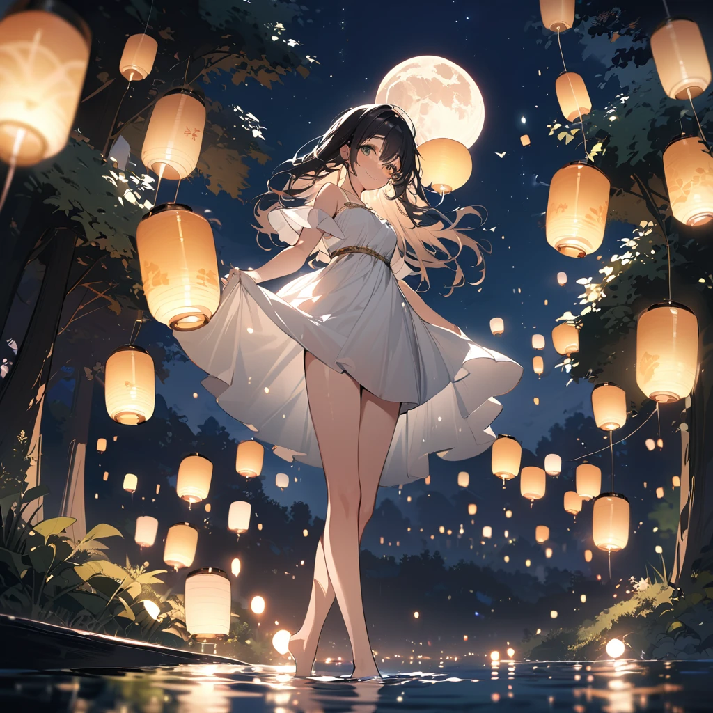 (masterpiece:1.5), best quality, very aesthetic, absurdres, anime style, 1girl, female, 17 years old, long black hair, hair gently blowing in the wind, calm and serene expression, moonlight reflecting in her eyes, white dress, standing by the lakeside, looking at the full moon reflected in the water, small fairy, glowing and flying around, smiling, flying near the girl's feet, tranquil lakeside, dense green trees, starry night sky, full moonlight reflecting on the lake, mystical and dreamlike scene, sharp focus on subjects, soft light and shadows, enchanting atmosphere, vivid colors, floating lanterns, bioluminescent plants, random twinkling lights, unexpected animal silhouettes in the background