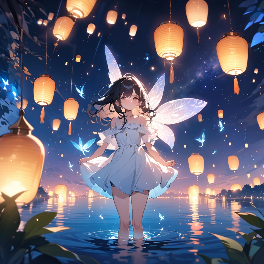 (masterpiece:1.5), best quality, very aesthetic, absurdres, anime style, 1girl, female, 17 years old, long black hair, hair gently blowing in the wind, calm and serene expression, moonlight reflecting in her eyes, white dress, standing by the lakeside, looking at the full moon reflected in the water, small fairy, glowing and flying around, smiling, flying near the girl's feet, tranquil lakeside, dense green trees, starry night sky, full moonlight reflecting on the lake, mystical and dreamlike scene, sharp focus on subjects, soft light and shadows, enchanting atmosphere, vivid colors, floating lanterns, bioluminescent plants, random twinkling lights, unexpected animal silhouettes in the background