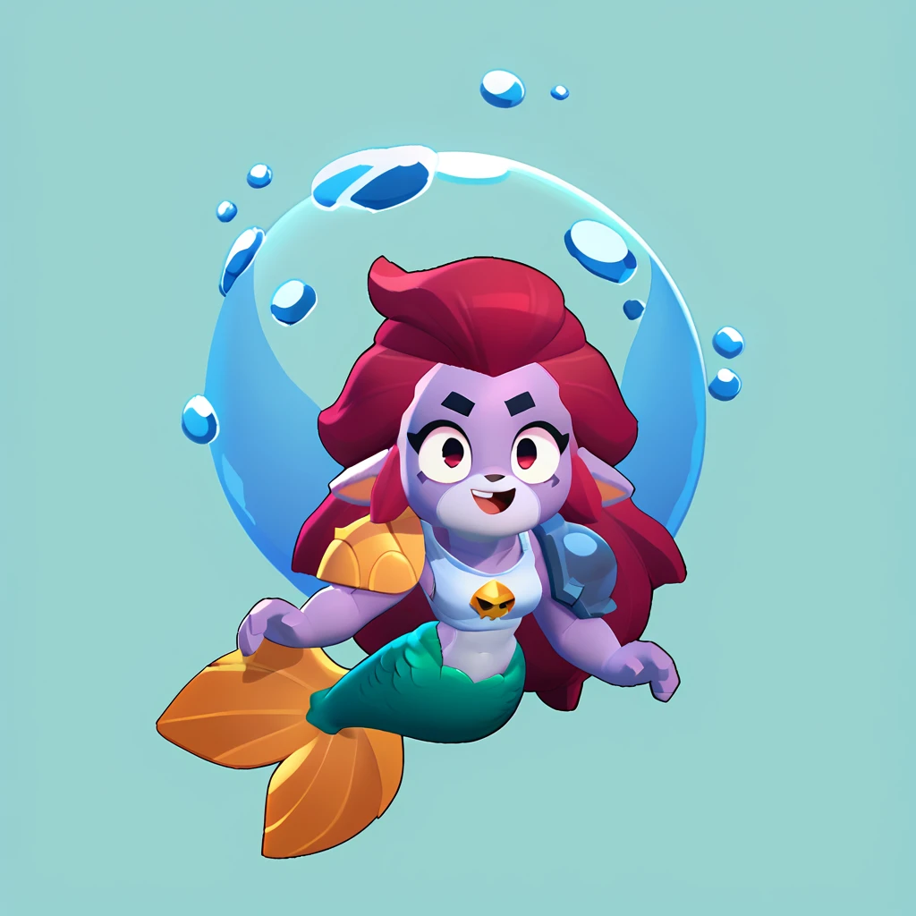 full body view of a furry mermaid, furry animal, female, long hair, red and white color, having steel shoulder pads, brawl, brawl stars 