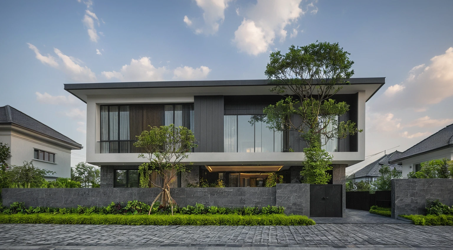 modern villa on street, (daylight), tropical tree, (slope roof, black tiled roof:1.2), vivid color, streetcapes, nice sky, grey tone, large glass door, warm interior lighting, modern material, best quality, ultra realistic, masterpiece, 17ArchiAI_XL_VL-v1
