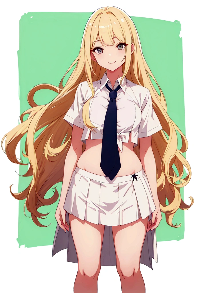 Blonde、long hair、upright stance、full body、Fighter、Belly out、American、Short skirt、shirt、tie、front、Short sleeve、woman、Tree Eyes、White background、Simple Background、smile、tall、flipped hair、Belly out、parted bang、messy hair
