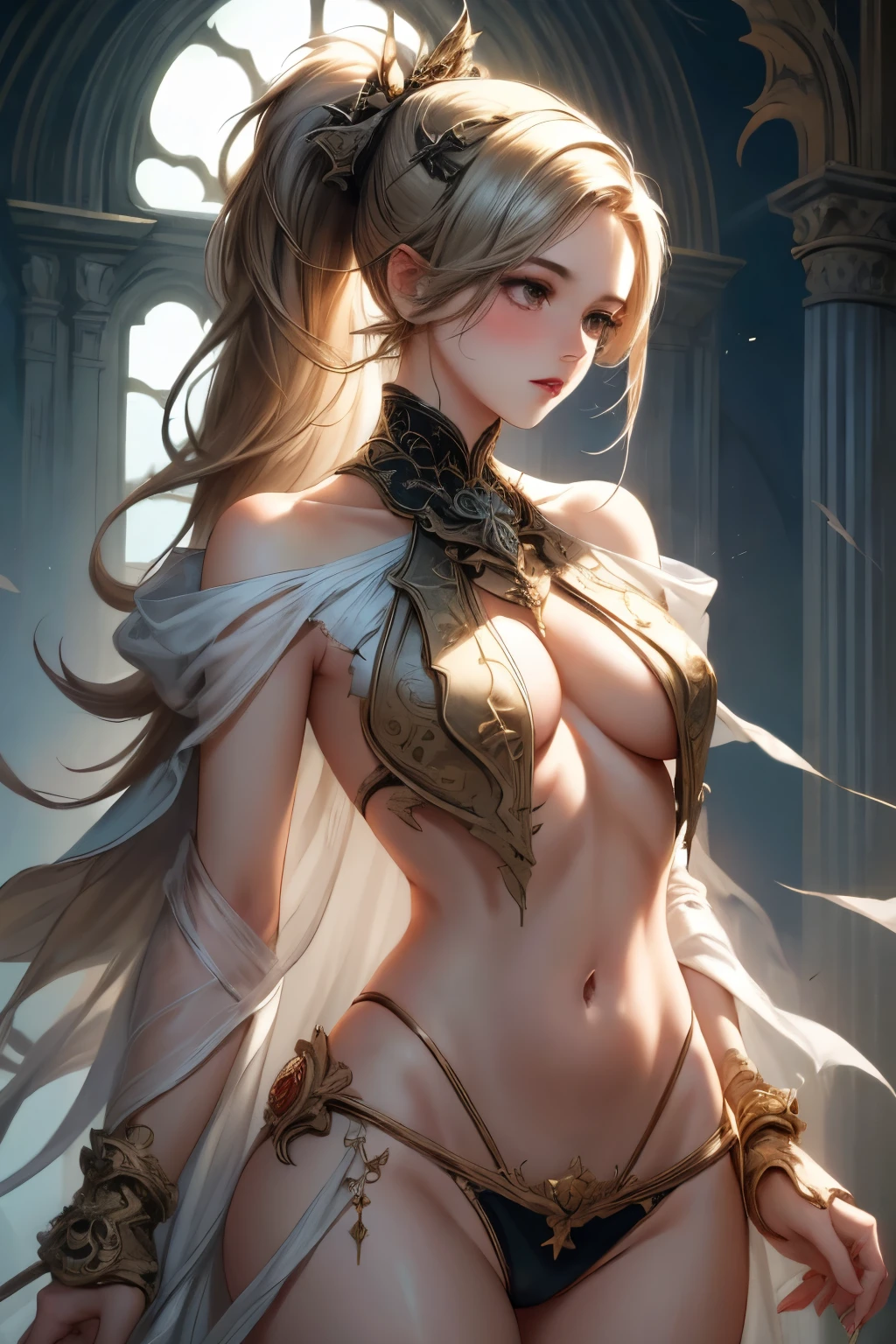  ((best quality)), ((masterpiece)), (detailed), 1girl, NSFW, small , prominent collarbones, skinny arms, flat stomach, visible hip bones, long hair, ponytail, thick ponytail, heavy ponytail, red and white clothing, Bloodborne inspired, occult aesthetic, occult, detailed and intricate steampunk and detailed gothic 