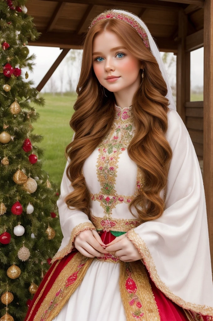 A gorgeous, pretty, shiny, kind-hearted, warm-hearted, sweet, polite, sensitive, friendly, charming, graceful, stylish, classy, alluring, majestic, ethereal, angelical ginger long haired russian woman dressed in traditional colourful folk costumes. A little cute girl is with her.