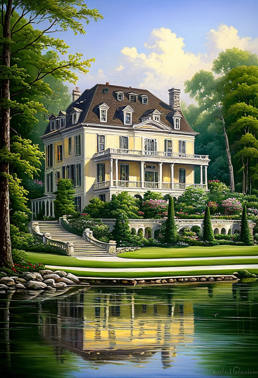 a detailed romantic era style lakeside mansion painting