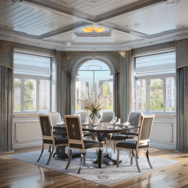 Table and chairs for Alaf style restaurant, Highly detailed 3D rendering, Highly detailed 3D rendering, Very realistic 3D rendering, High quality 3D rendering, High quality 3D rendering, Highly detailed interior, Ultra-detailed 3D rendering, Ultra-detailed 3D rendering, Highly detailed rendering, elegant render, Octagon Rendering 8k,Don't light