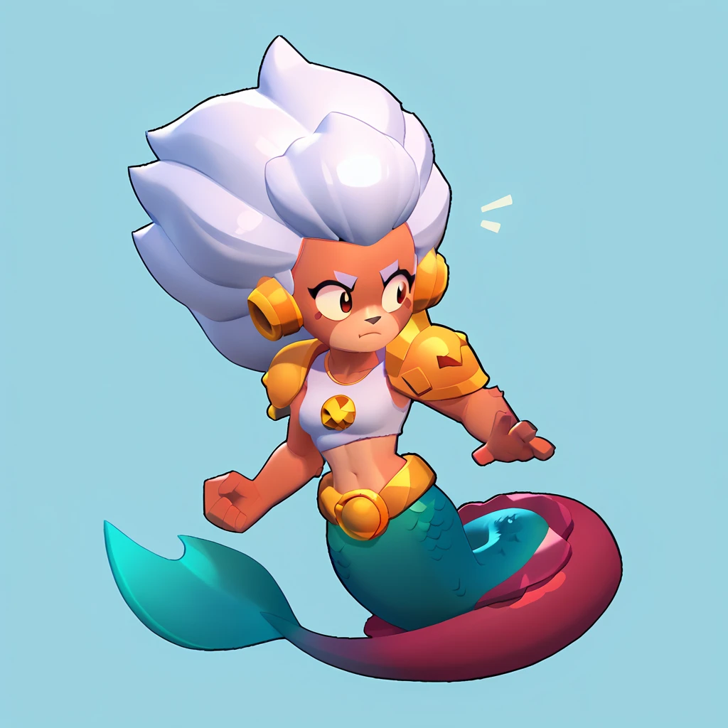 full body view of a furry mermaid, furry animal, female, long hair, red and white color, having steel shoulder pads, brawl, brawl stars 