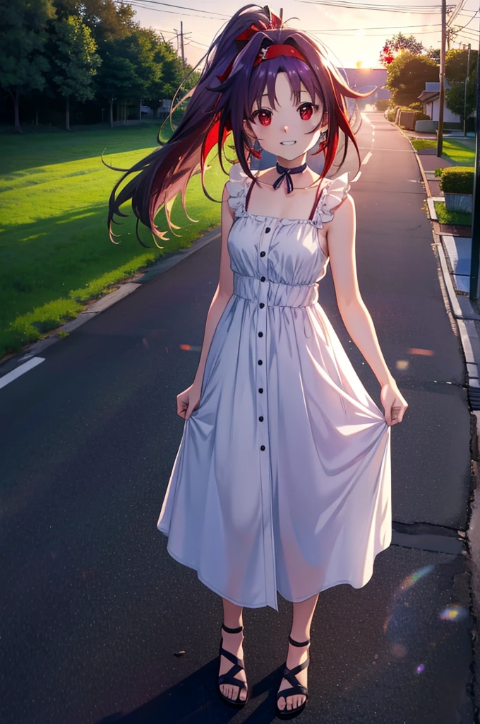 yuukikonno, Konno Yuuki, hair band, Long Hair, Pointed Ears, Purple Hair, (Red eyes:1.5), (Small breasts:1.2),Side Ponytail,smile,Grin,Purple sleeveless dress、Cute Sandals,Put your right hand on your hip,Push-type suitcase,Are standing,Daytime,whole bodyがイラストに入るように, break looking at viewer, whole body, break outdoors,countryside, Residential Street,In town, break (masterpiece:1.2), Highest quality, High resolution, unity 8k wallpaper, (figure:0.8), (Detailed and beautiful eyes:1.6), Highly detailed face, Perfect lighting, Extremely detailed CG, (Perfect hands, Perfect Anatomy),チックなmorning日,morning,Extreme light,