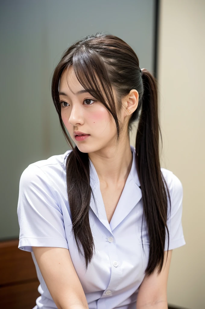 Mature Japanese Teen,ponytail,Office Clothes,Age 35,Erotic style,So cute,whole body,Perfect face with soft skin,Gorgeous long brown hair,8K resolution,Ultra-realistic,Super detailed,high quality,Erotic beautiful Japanese woman in fashionable clothes,(Look at the viewers)